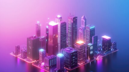 Fototapeta premium Isometric neon cityscape at night.