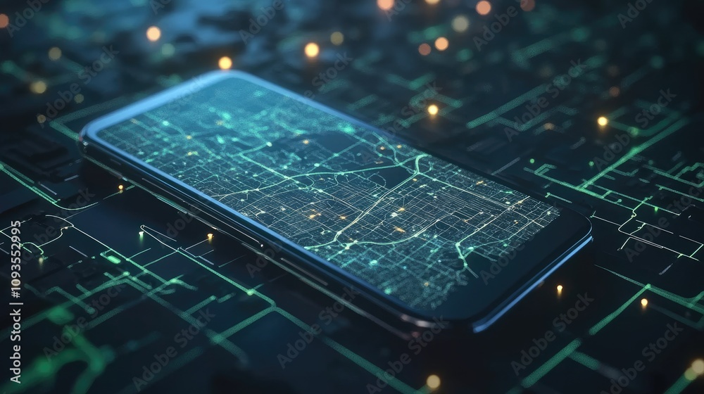 Wall mural smartphone displaying a city map on a circuit board.