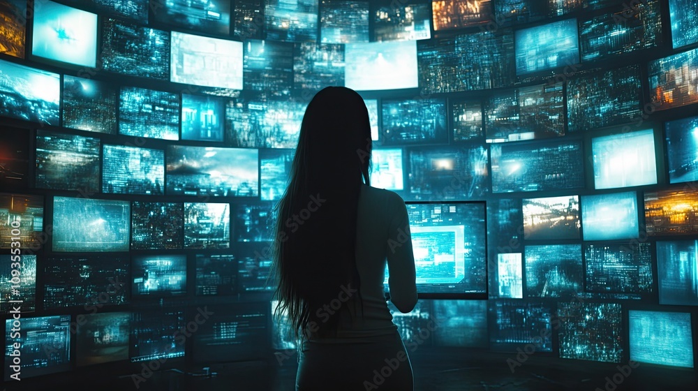 Wall mural woman viewing data streams on multiple screens.