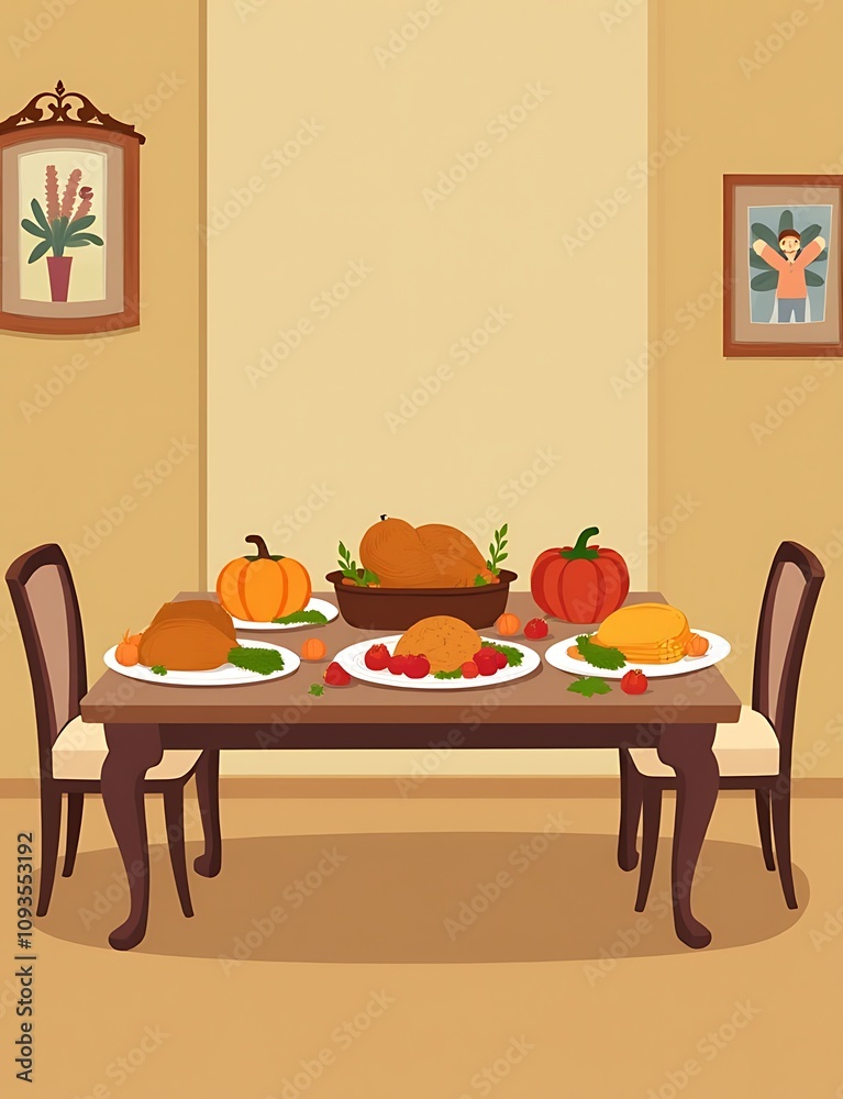 Poster a thanksgiving dinner table featuring a traditional homemade meal is illustrated in a vector flat ca