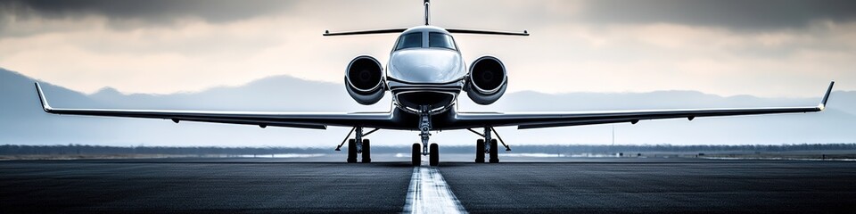 Private jet centered on runway under dramatic sky