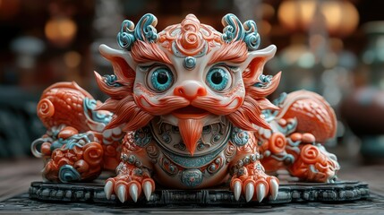 A vibrant ceramic guardian lion figure with intricate details and bright colors.