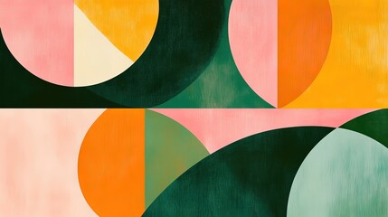 Abstract geometric art with pink, orange, green, and teal circles and segments on a dark background.