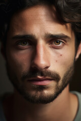 Obraz premium Portrait of a person of Italian ethnicity with bright facial features, an expressive look and stylish clothes against the background.