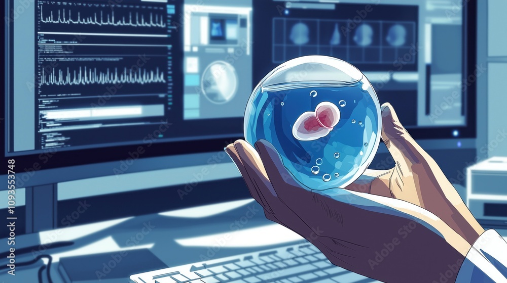 Poster young woman holds sphere of blue translucent water with red embryo inside. focused, looking at compu