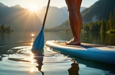 Woman paddleboarding on calm lake at sunrise. Sunlight highlights serene water. Mountains create beautiful backdrop. Active lifestyle. Recreational activity. Summer vacation.