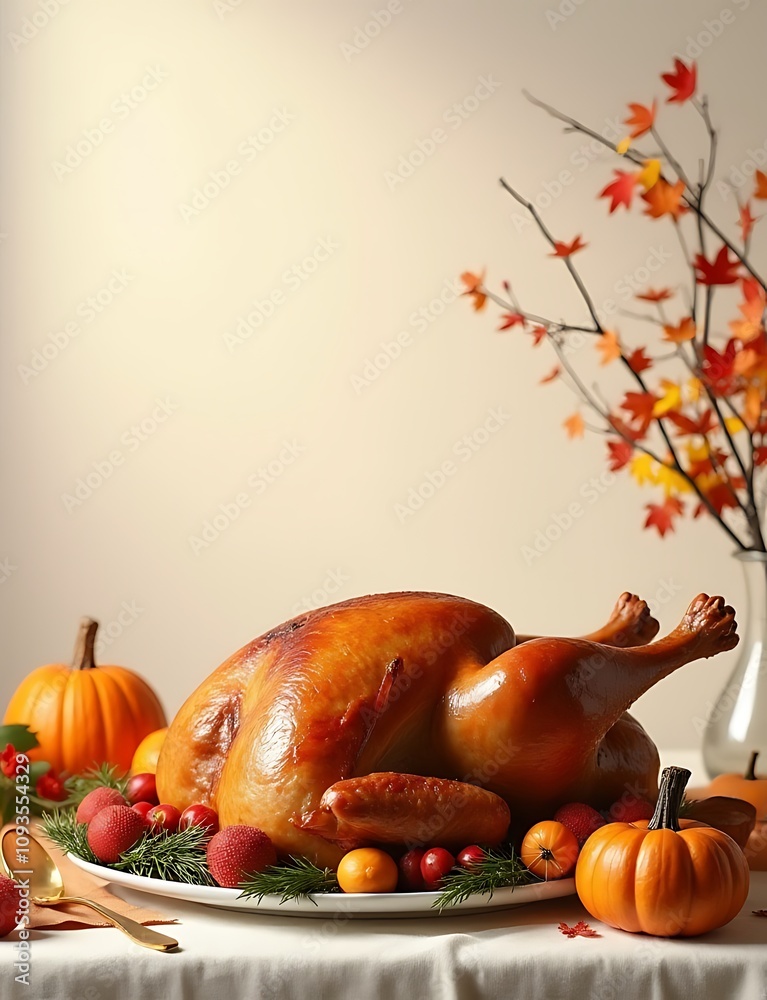 Poster A traditional Thanksgiving setting features a cooked turkey and autumn decor on a light table in a flat lay composition with space for text.
