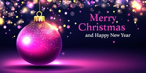 A vibrant Christmas background with a large, glowing pink ball-shaped ornament in the center and the text "Merry Christmas and Happy New Year" Generative AI