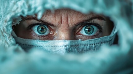 A pair of expressive eyes look piercingly through a torn fabric with a mask, capturing a dramatic and intense scene with an enigmatic atmosphere of focus.