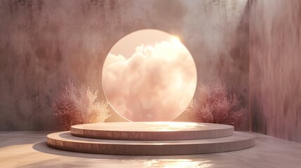 a round object with a sky background in a room with a concrete floor and walls