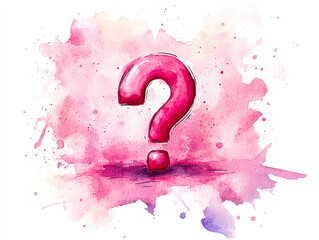 A vivid pink question mark surrounded by watercolor splashes evokes a sense of inquiry and imaginative thought.