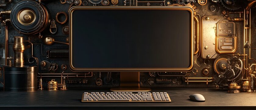 Steampunk computer setup with blank screen, keyboard, and mouse.