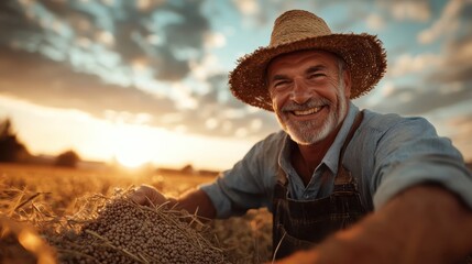 Fototapeta premium An enthusiastic farmer in overalls proudly displays a heap of harvested grains at sunset, embodying satisfaction, dedication, and the fruits of diligent farming.