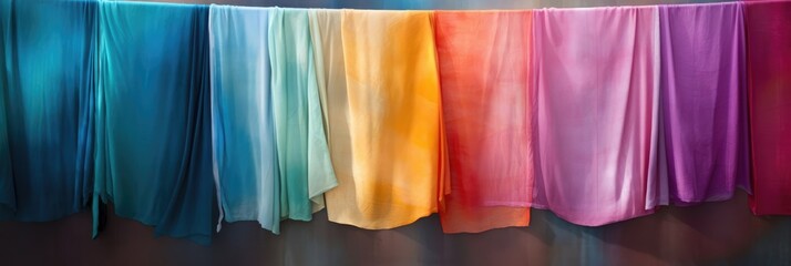 Stunning display of flowing fabrics in vibrant shades of blue, teal, yellow, pink creates captivating visual. Soft textures, rich colors evoke creativity, for artistic themes, design projects,fashion.