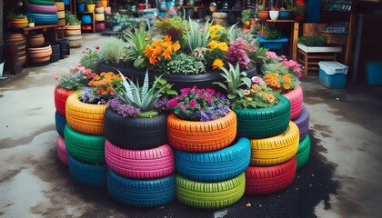 Fototapeta premium colorful recycled tires with flowers inside