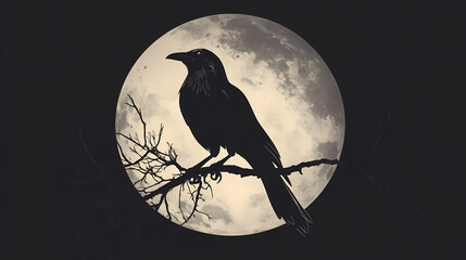 Raven crow silhouette on moon halloween bird spooky scary avian animal ominous nocturnal autumn fall illustration. Haunting Crow Silhouette. Illustration