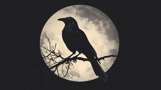 Raven crow silhouette on moon halloween bird spooky scary avian animal ominous nocturnal autumn fall illustration. Haunting Crow Silhouette. Illustration