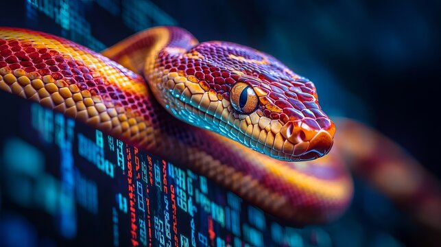 A vibrant, colorful snake is elegantly slithering across a digital screen displaying code, symbolizing the intersection of nature with modern technology.