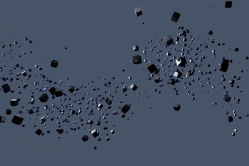 A blue background with a bunch of black cubes scattered all over it, 3d render illustration