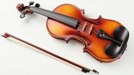 Elegant Violin with Bow on White Background