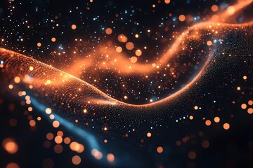 Obraz premium Glowing particles in wave motion on dark background