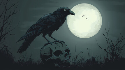 Eerie cartoon crow on skull under moonlight, dark background enhances the haunting atmosphere and adds an unsettling charm. Haunting Crow Silhouette. Illustration