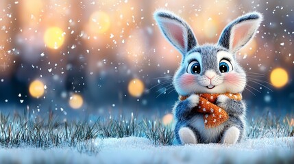 Obraz premium A cute little bunny wearing a scarf sitting in the snow