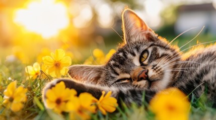 A cat laying in a field of yellow flowers