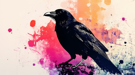 A striking monochrome image of a crow amidst an artistic splash of colors, highlighting its elegance and mystery. Haunting Crow Silhouette. Illustration