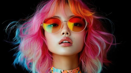 Obraz premium A vibrant portrait of a person with colorful hair and sunglasses, showcasing a bold fashion statement.
