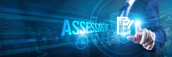 Businessman hand touches a shield, assessment tools, strategies, and processes. The concept represents safeguarding assets, information integrity, business continuity, and stakeholder trust.