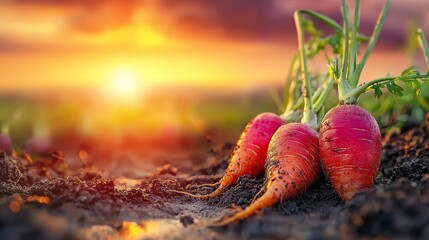 A couple of carrots sitting on top of a dirt field