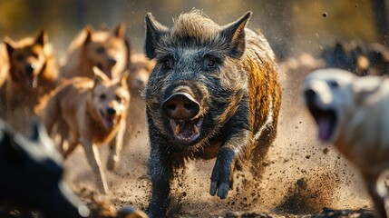 Wild Boar Charging Towards a Pack of Dogs
