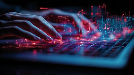 Hands engaged in typing on a laptop with a digital overlay of data streams, representing the interconnectedness of digital technology, innovation, and modern communication.