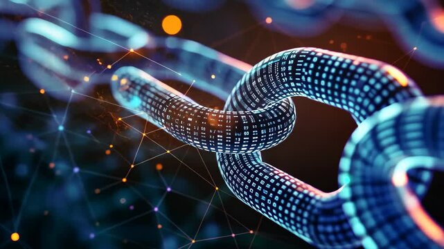 A digital chain made of glowing blue links, representing the integration of smart contracts, Visualize the integration of smart contracts within a Blockchain network