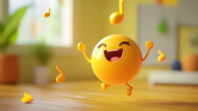 A vibrant animated emoticon dances happily surrounded by floating musical notes, symbolizing joy, music, and happiness in a lively, digital atmosphere.