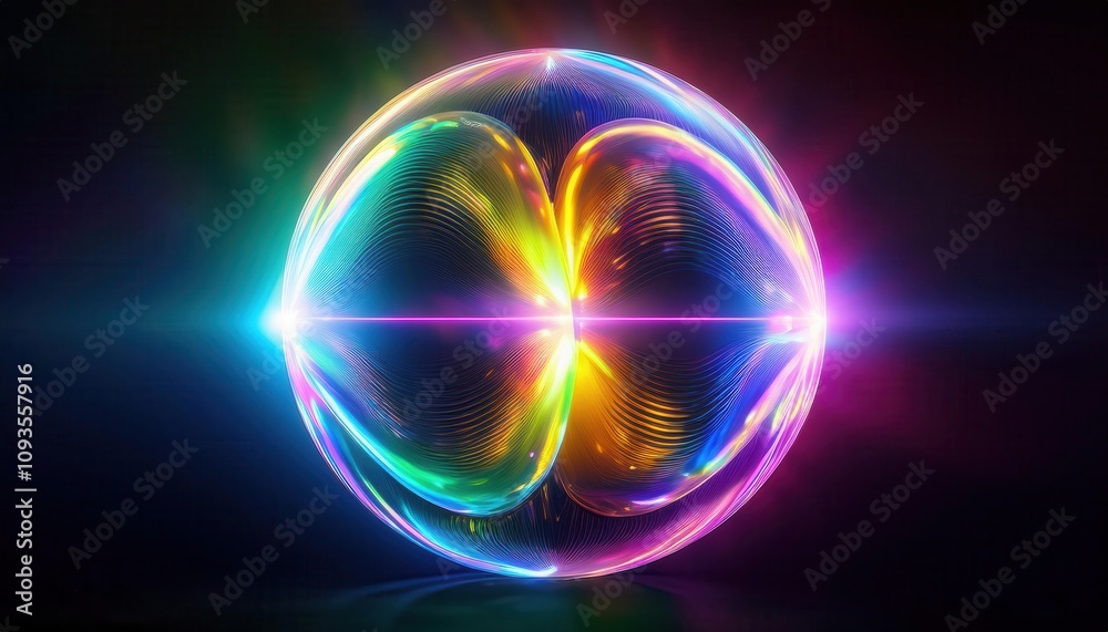 Poster Quantum Sphere. Radiant Visualization of Energy Waves, Light Refraction, and Electromagnetic Fields in a Hyperdimensional Universe. Perfect for Sci-Fi, Quantum Physics, or Tech Concept Use