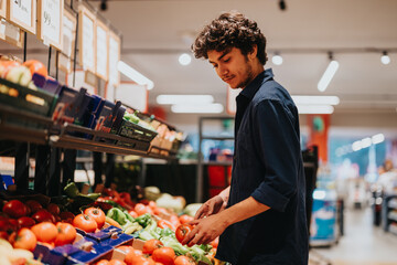 A young man in a casual blue shirt carefully selects ripe vegetables in a well-lit grocery store aisle, showcasing the joy of choosing fresh, healthy food for his meals.