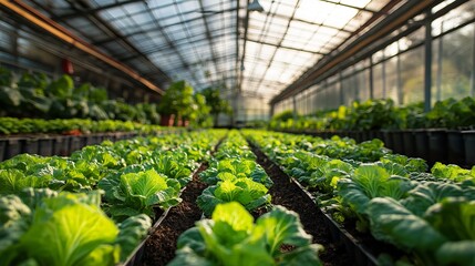 A thriving greenhouse filled with rows of lush, green lettuce plants, capturing the natural beauty and vitality of fresh produce under warm, controlled conditions.