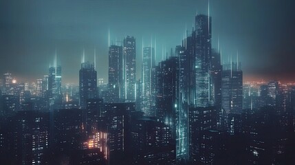 Futuristic city skyline at night with glowing towers.