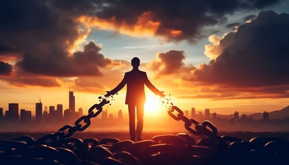 silhouette of person with broken chains in sunset, freedom
