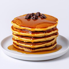 A photostock of a stack of pancakes topped with syrup and chocolate chips, displayed on a white surface, perfect for breakfast visuals. High Quality