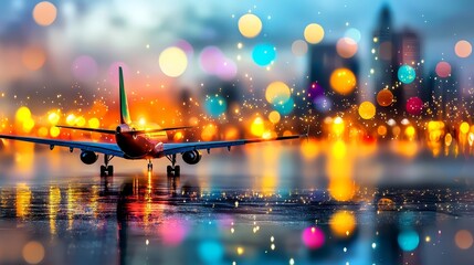 Obraz premium A plane taking off from an airport runway at night