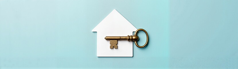 Golden key on paper house against teal background