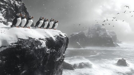 A group of puffins gathered on a snowy cliff edge overlooking the icy ocean below with soft waves crashing against the frozen shore