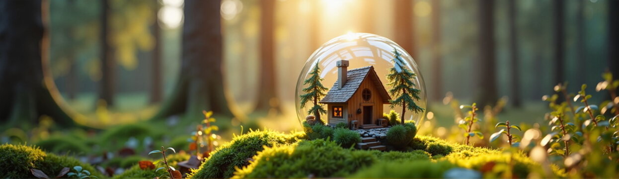 Miniature house in glass globe on mossy forest floor