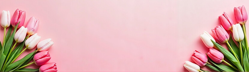 Obraz premium Pink and white tulips on pastel pink background