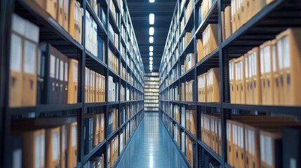 Fototapeta premium Rows of archive storage boxes in a large warehouse.