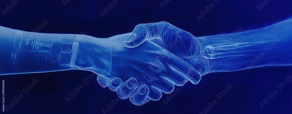 Poster a digital handshake symbolizing collaboration between humans and technology.
