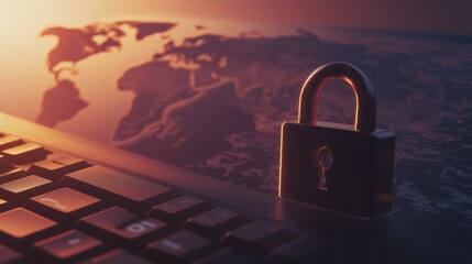 Digital security lock on keyboard with world map backdrop during sunset for cybersecurity concept